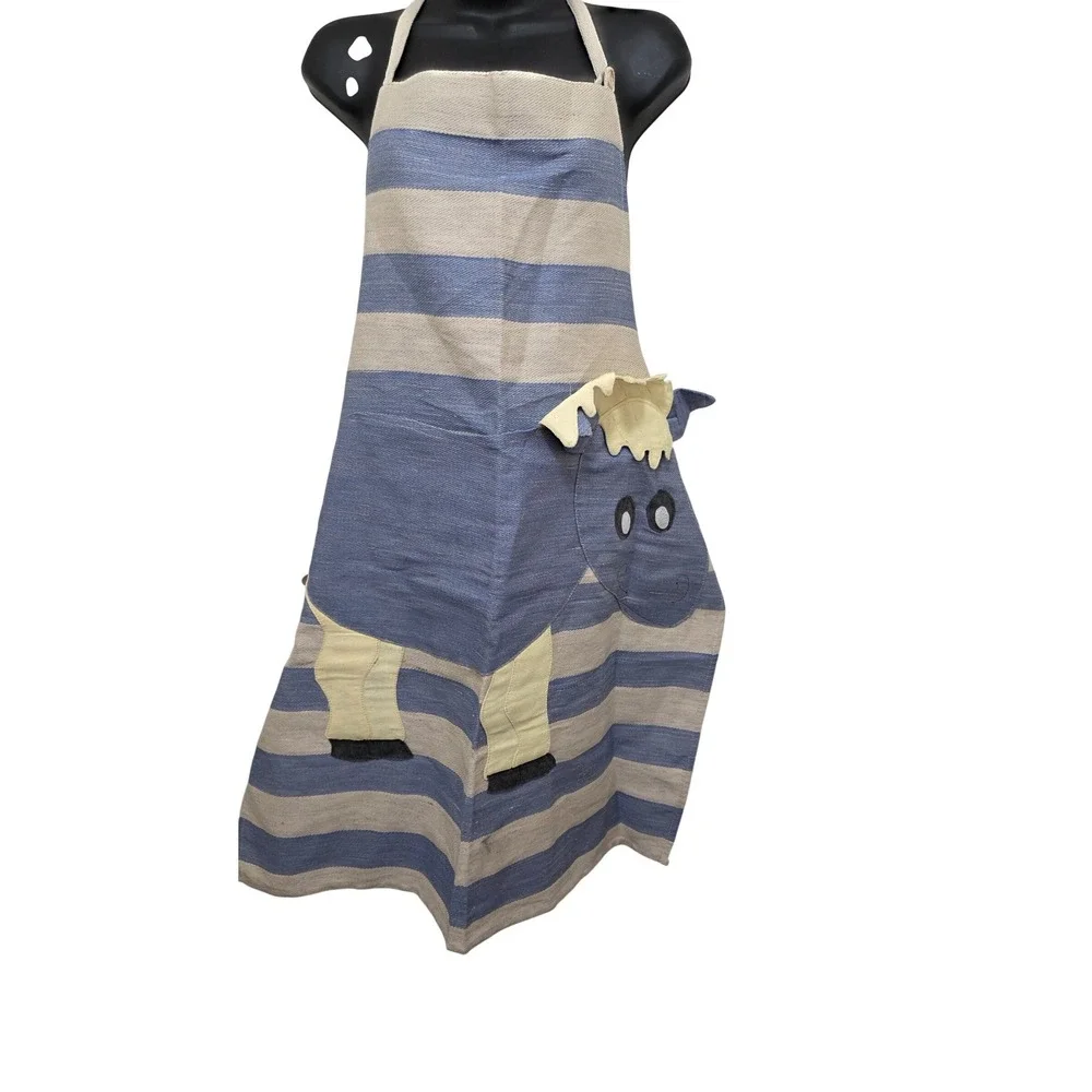 Liliina Linen Apron Unisex Blue White Striped Animal Character Art POLL Barbeque